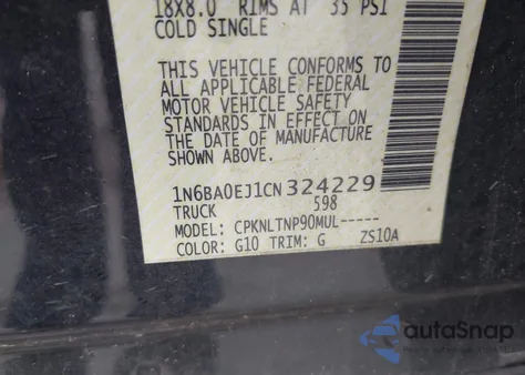 2012 Nissan Titan Sv z USA, uszkodzony, nr VIN 1N6BA0EJ1CN324229